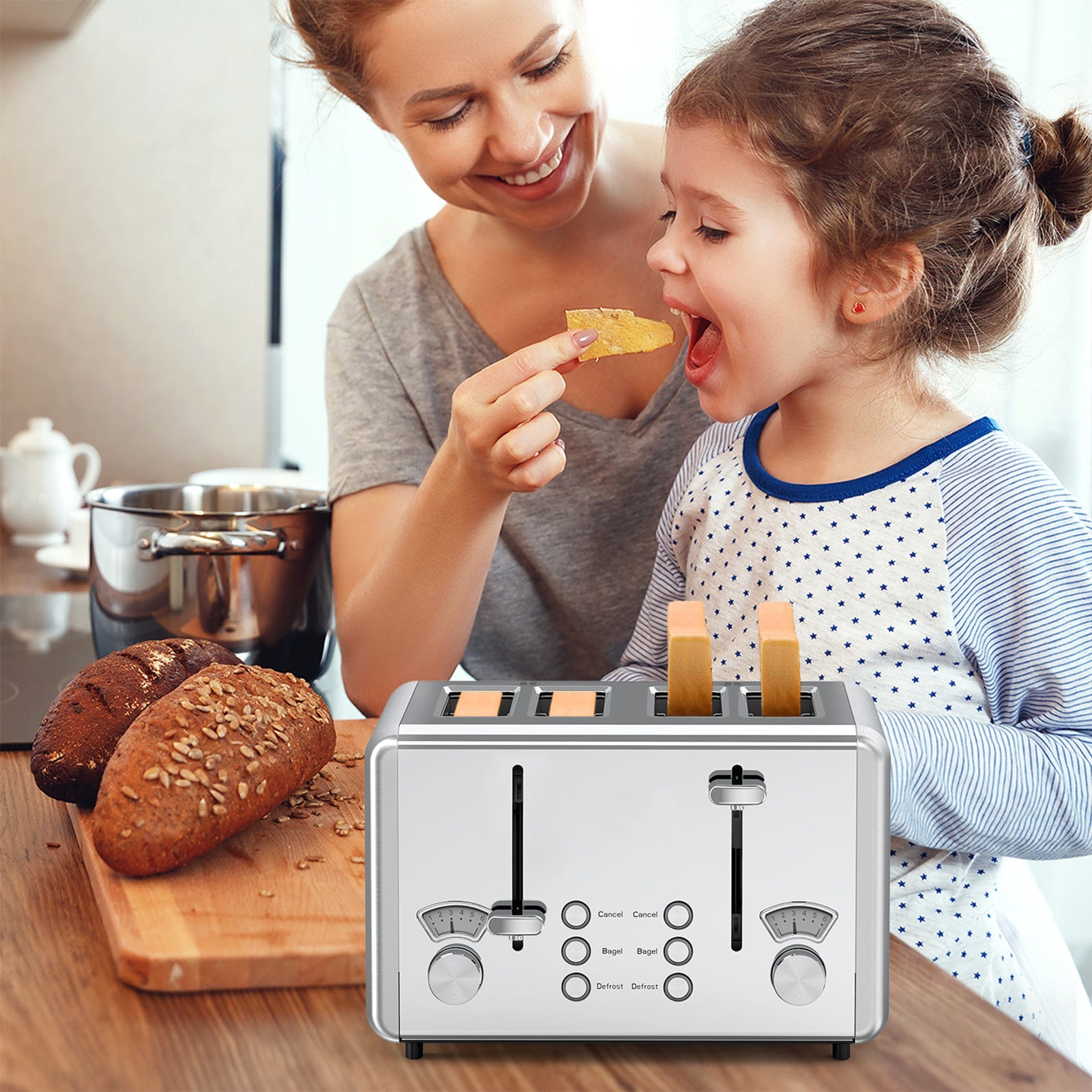 WHALL® Knob Toaster 2 Slice | Stainless Steel, Digital Timer, Sound | 6 Bread Types & Shades