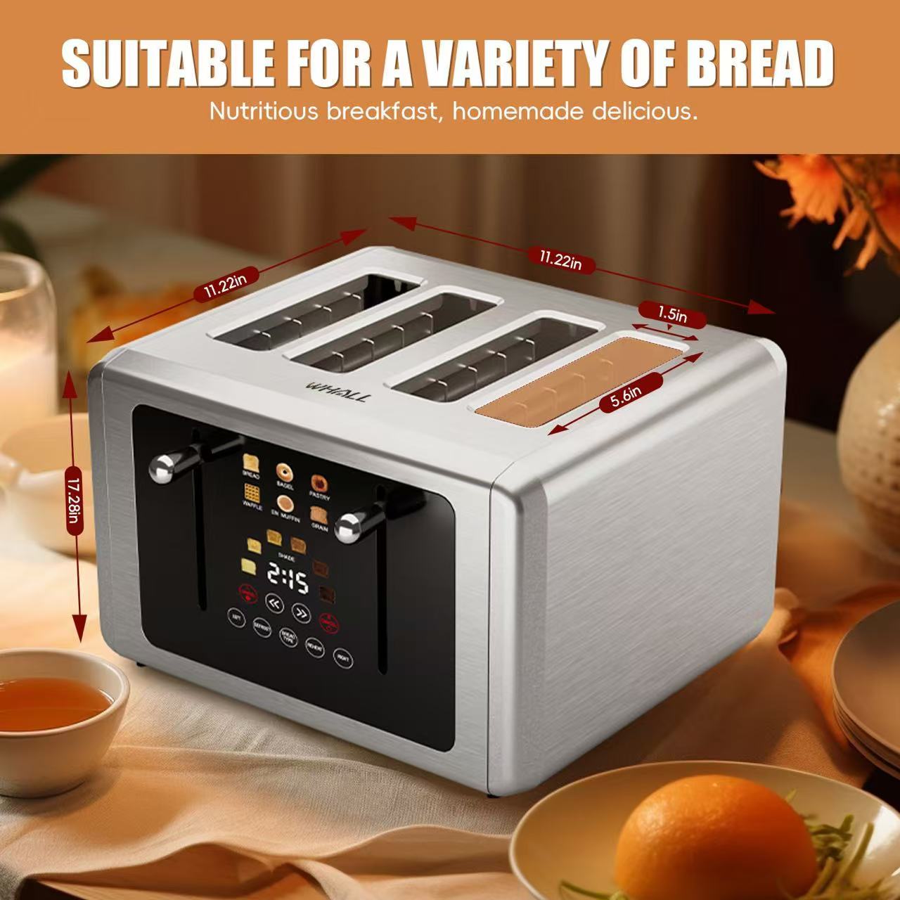 WHALL® Touch Screen Toaster 2 & 4 Slice | Stainless Steel, Digital Timer, Sound | 6 Bread Types & Shades