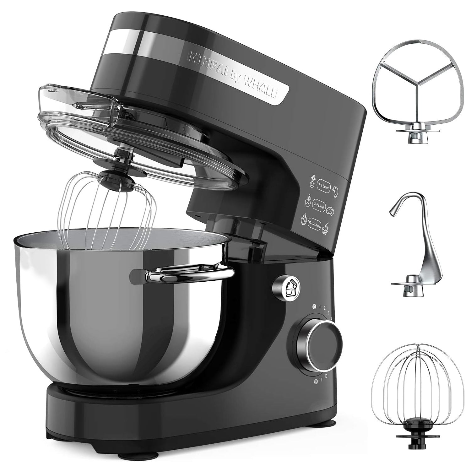 WHALL® Stand Mixer - 5.5Qt 12-Speed Tilt-Head Electric Kitchen Mixer with Dough Hook/Wire Whip/Beater, Stainless Steel Bowl (black) New