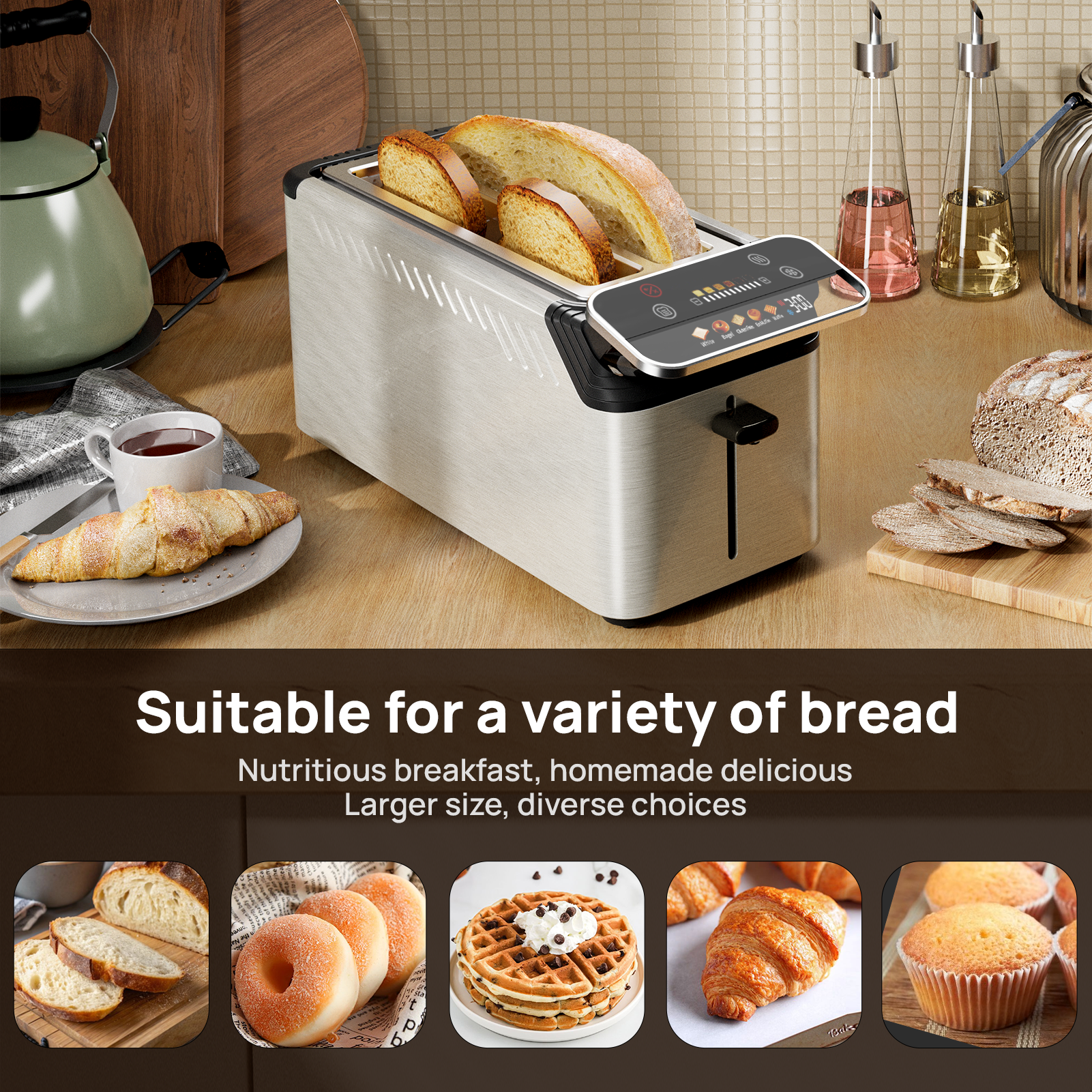 WHALL® The New Touch Screen Toaster 4 Slice | Stainless Steel, Digital Timer, Sound | 6 Bread Types & Shades