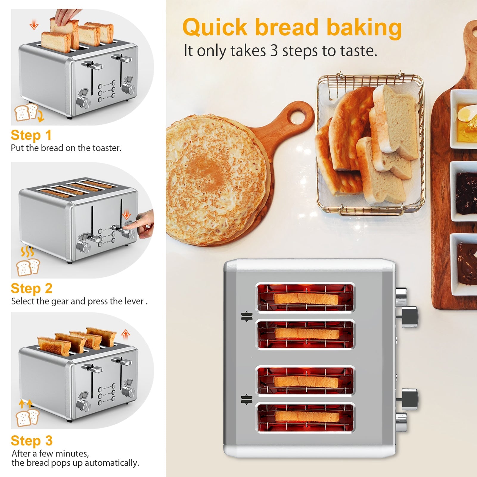 WHALL® Knob Toaster 2 Slice | Stainless Steel, Digital Timer, Sound | 6 Bread Types & Shades