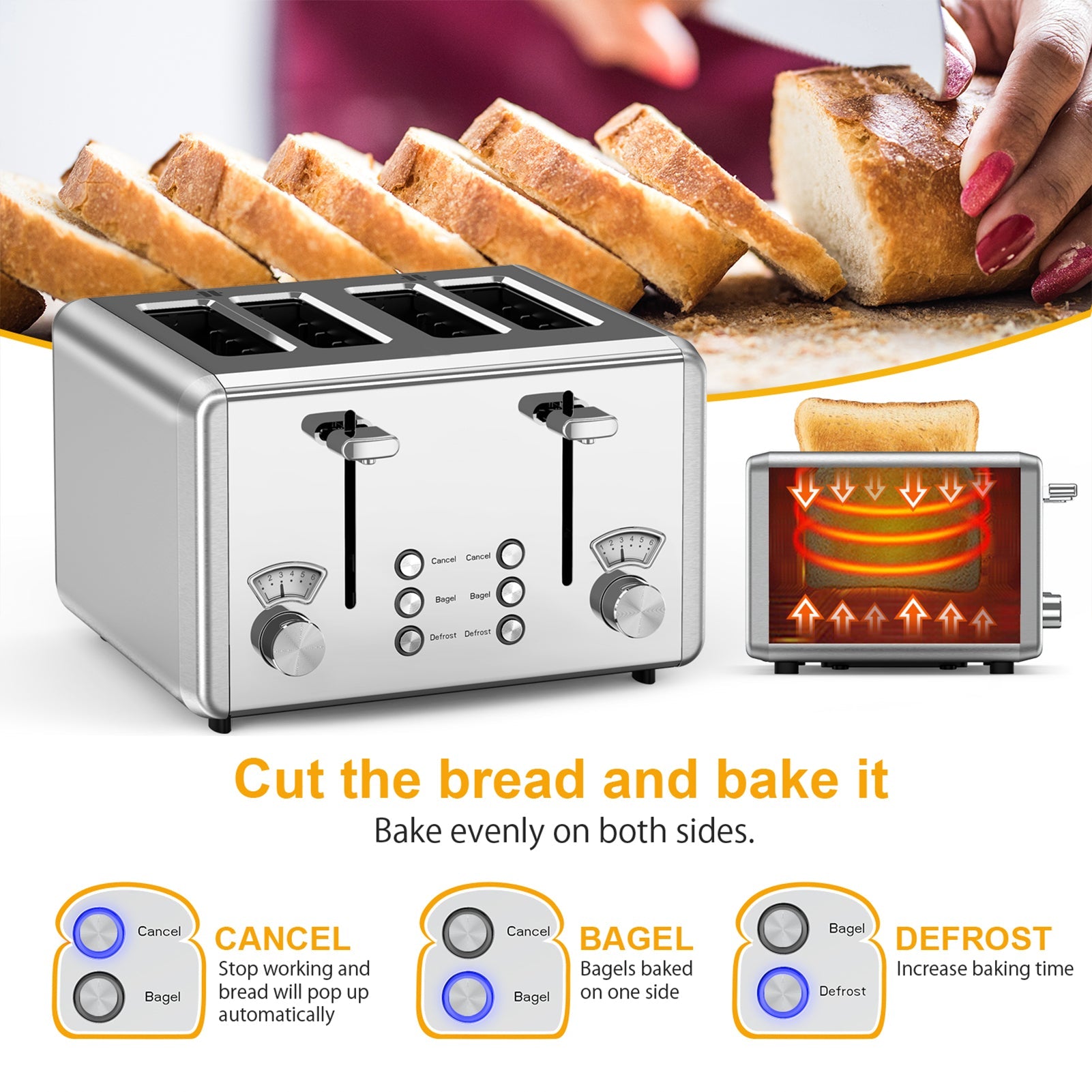 WHALL® Knob Toaster 2 Slice | Stainless Steel, Digital Timer, Sound | 6 Bread Types & Shades