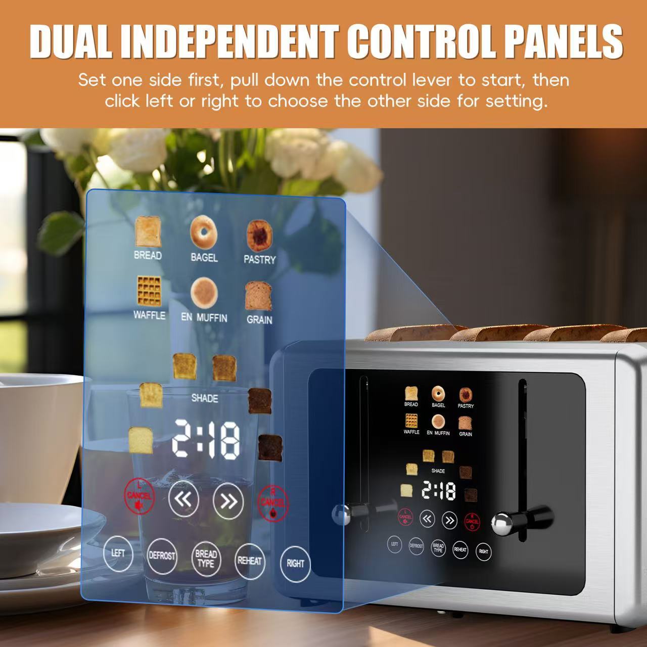 WHALL® Touch Screen Toaster 2 & 4 Slice | Stainless Steel, Digital Timer, Sound | 6 Bread Types & Shades