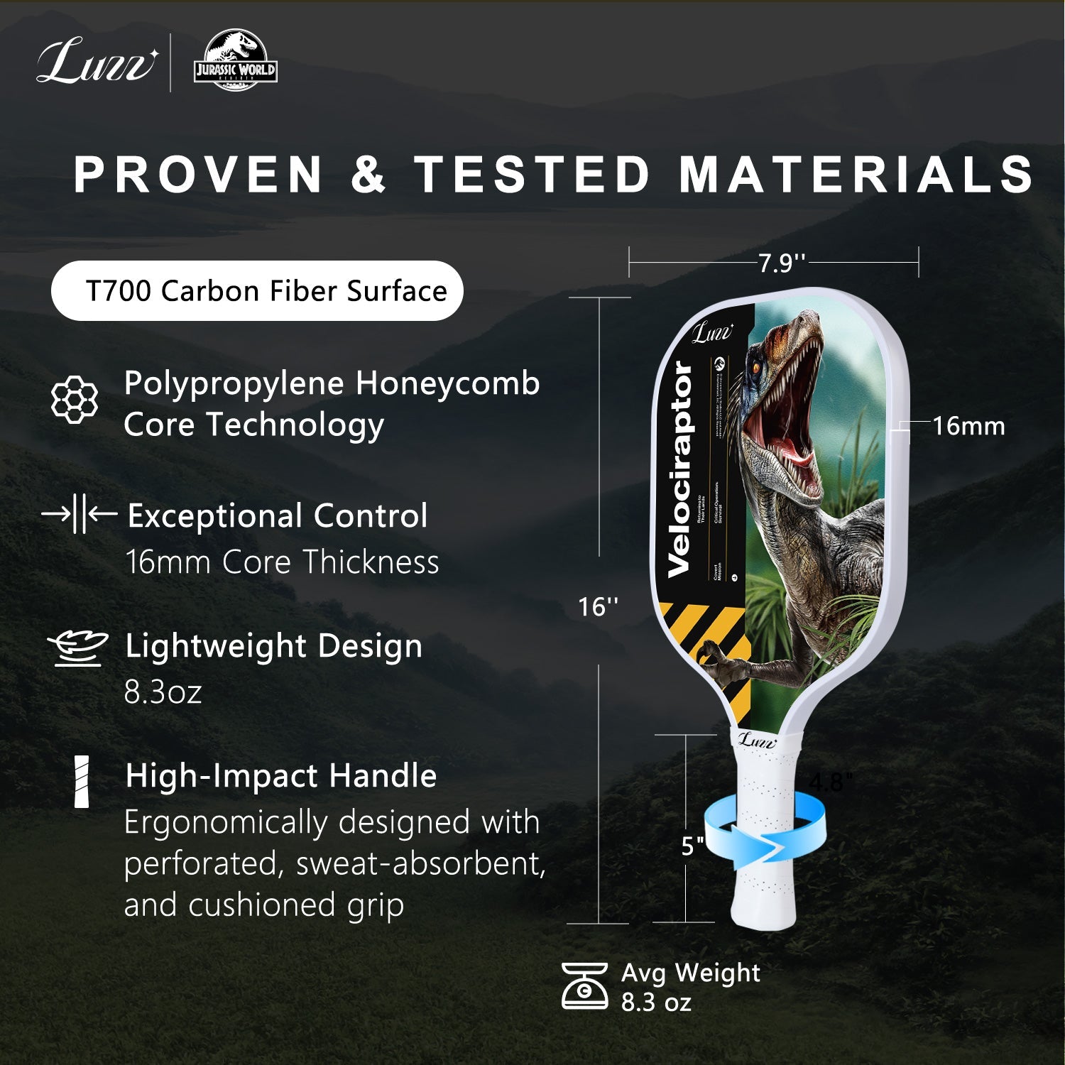 Luzzpickleball Velociraptor Original Paddle (16mm) T700 Carbon Fiber