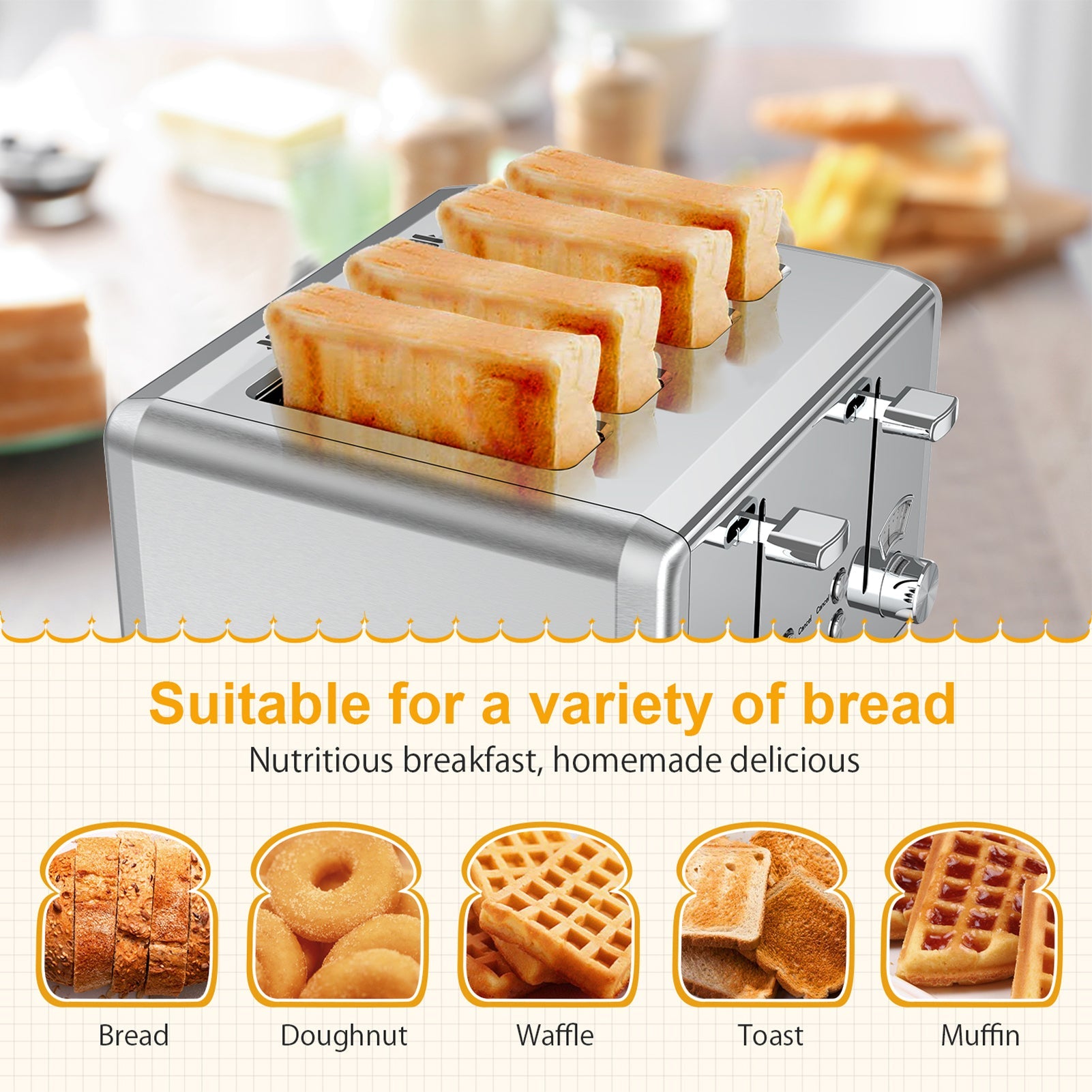 WHALL® Knob Toaster 2 & 4 Slice | Stainless Steel, Digital Timer, Sound | 6 Bread Types & Shades