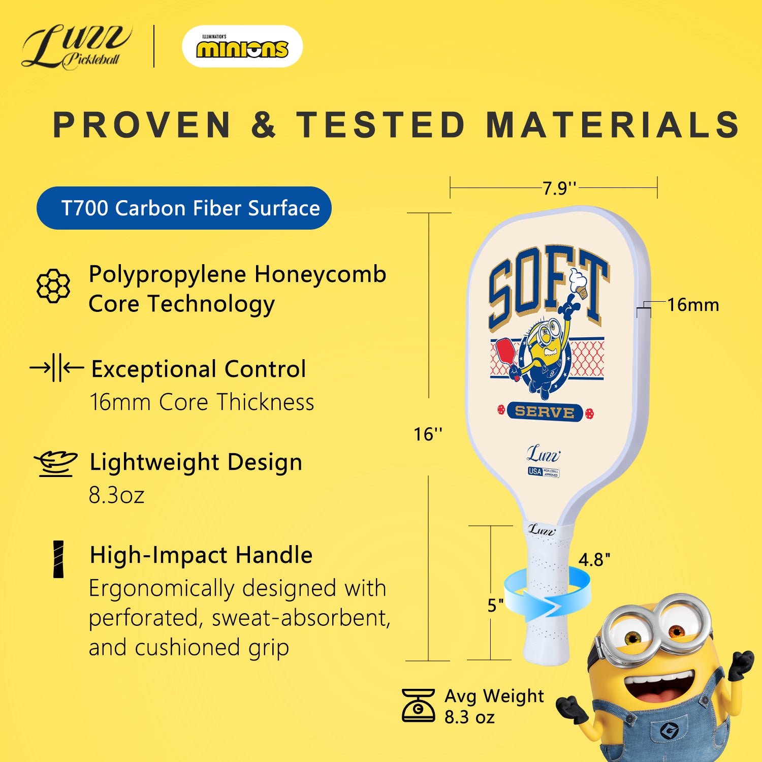 Luzzpickleball Minions Serve Original Paddle (16mm) T700 Carbon Fiber