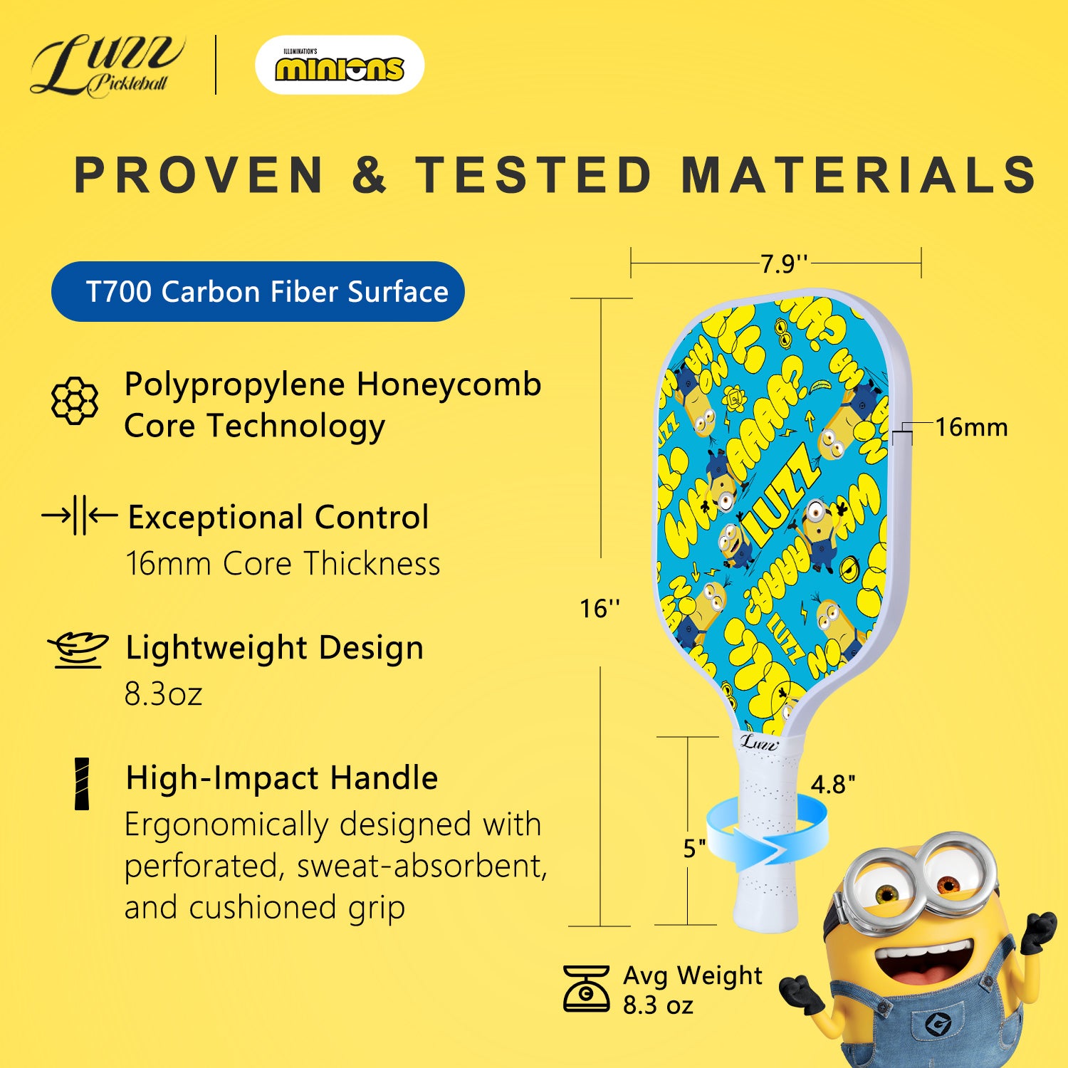 Luzzpickleball Minions Wham Original Paddle (16mm) T700 Carbon Fiber