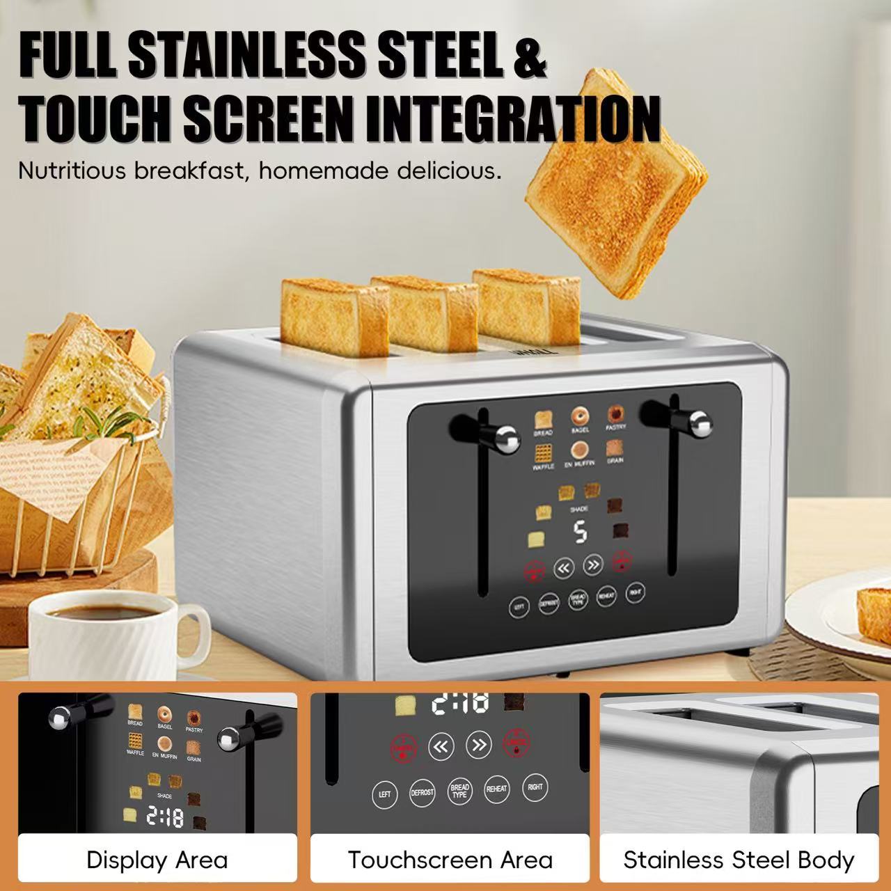 WHALL® Touch Screen Toaster 2 Slice | Stainless Steel, Digital Timer, Sound | 6 Bread Types & Shades