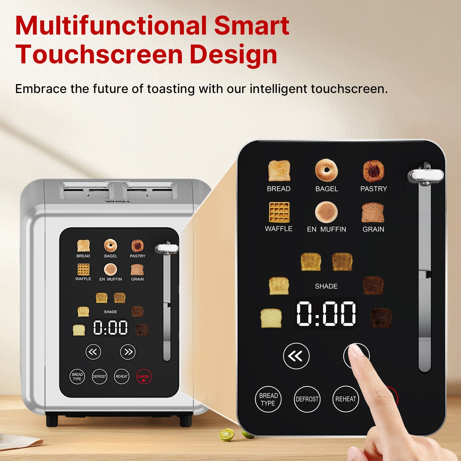 WHALL® Touch Screen Toaster 2 & 4 Slice | Stainless Steel, Digital Timer, Sound | 6 Bread Types & Shades