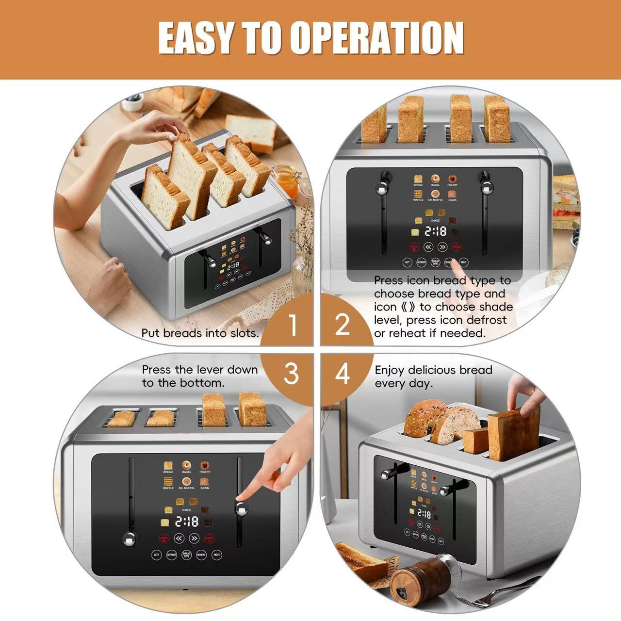 WHALL® Touch Screen Toaster 2 & 4 Slice | Stainless Steel, Digital Timer, Sound | 6 Bread Types & Shades