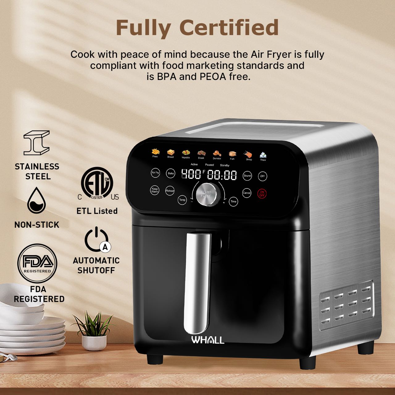 WHALL® 6.2QT Air Fryer Oven, 12-in-1 Cooking Functions, Stainless Steel