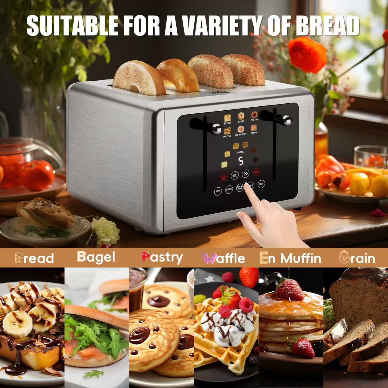 WHALL® Touch Screen Toaster 2 & 4 Slice | Stainless Steel, Digital Timer, Sound | 6 Bread Types & Shades