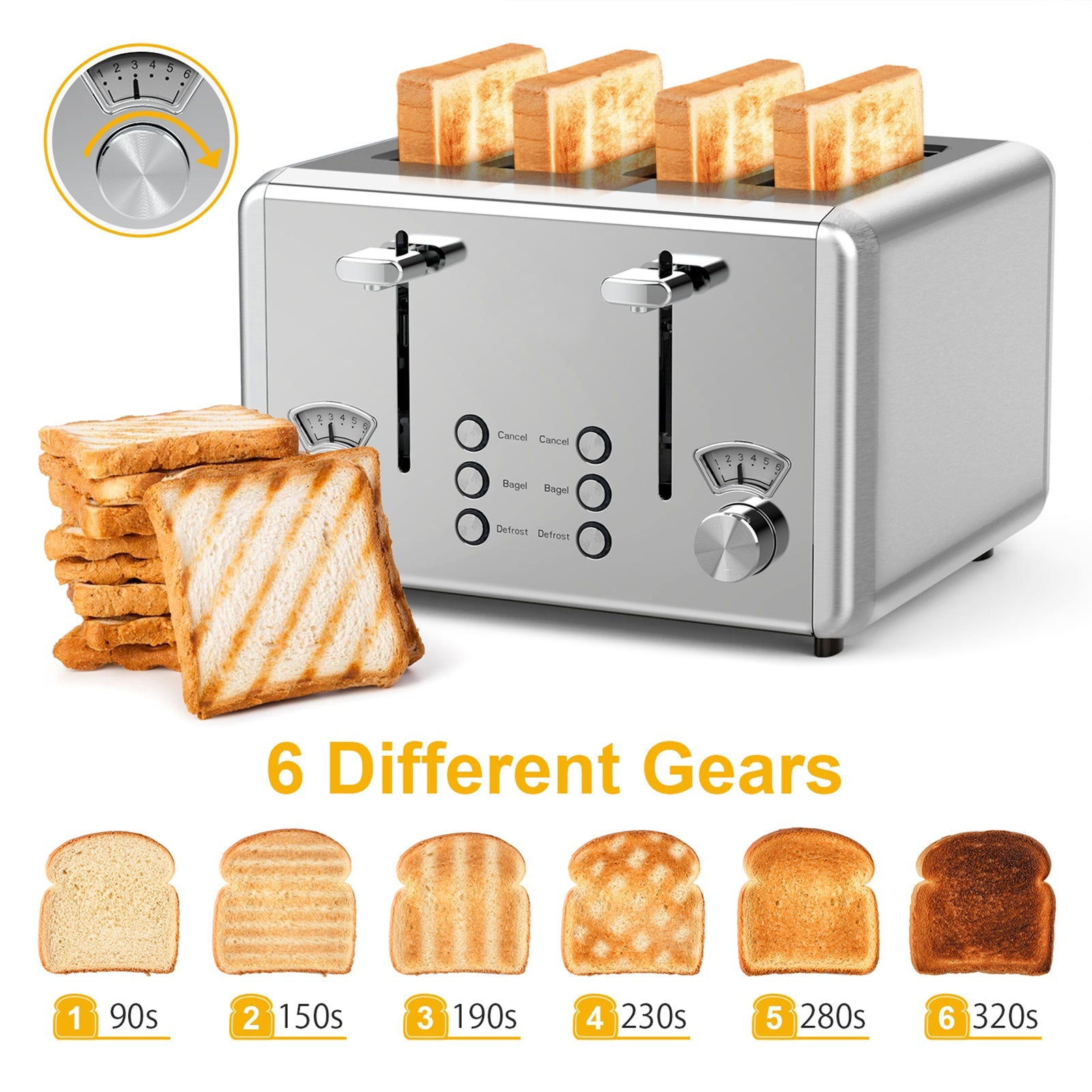 WHALL® Knob Toaster 2 Slice | Stainless Steel, Digital Timer, Sound | 6 Bread Types & Shades