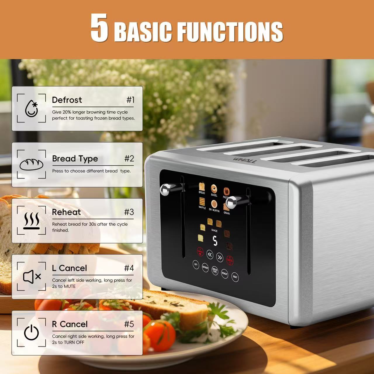 WHALL® Touch Screen Toaster 2 & 4 Slice | Stainless Steel, Digital Timer, Sound | 6 Bread Types & Shades