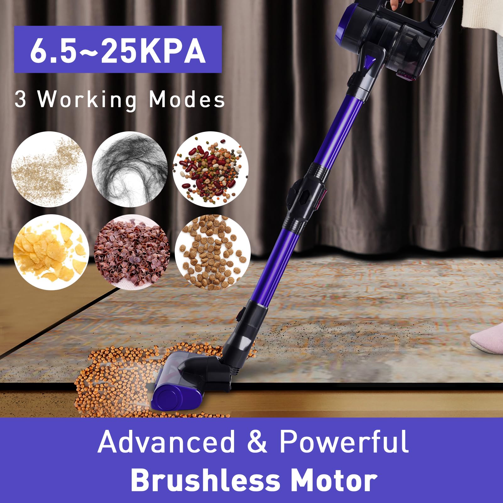 WHALL® Cordless Vaccum Cleaner, 25Kpa Super Suction 280W High-Speed Brushless Motor Cordless Stick Vacuum, Detachable Battery Up to 55min Runtime