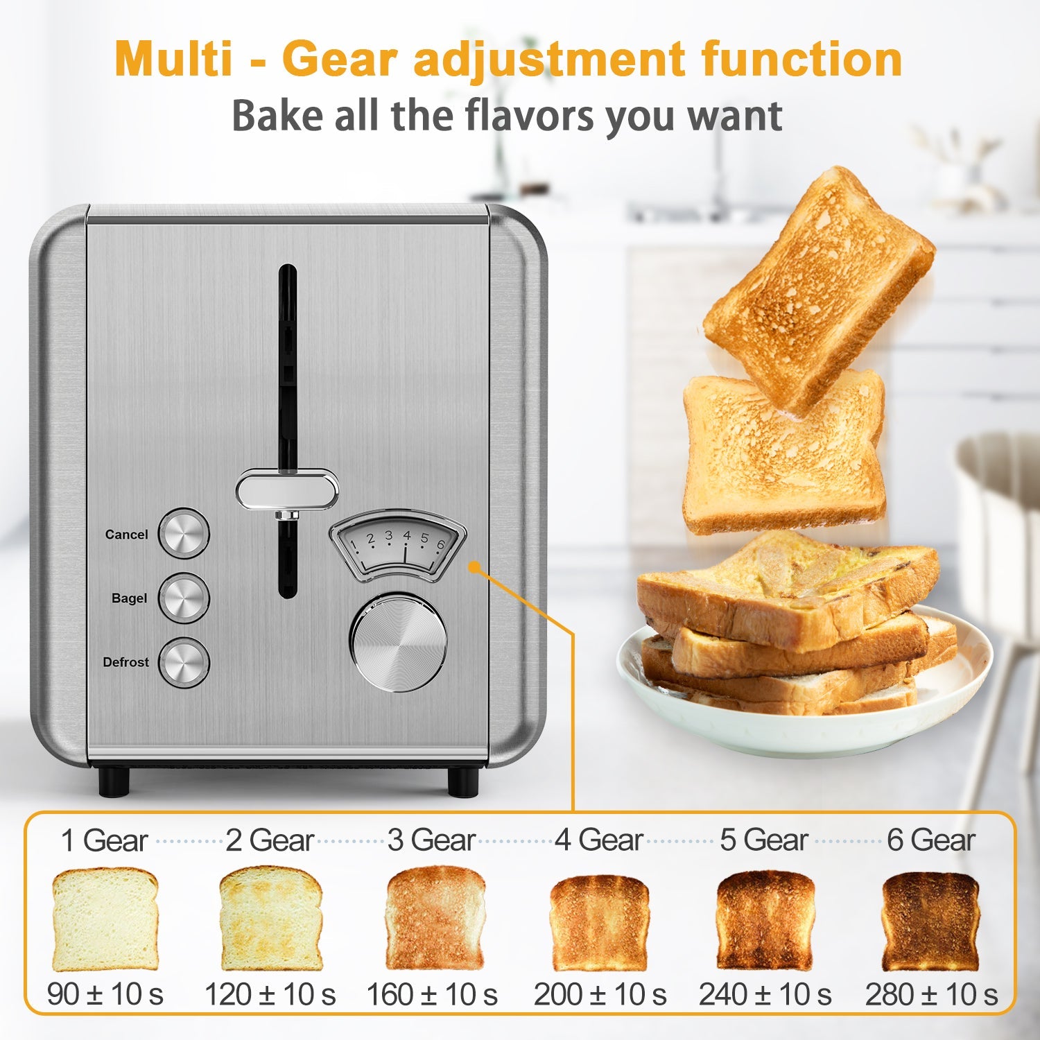 WHALL® Knob Toaster 2 Slice | Stainless Steel, Digital Timer, Sound | 6 Bread Types & Shades