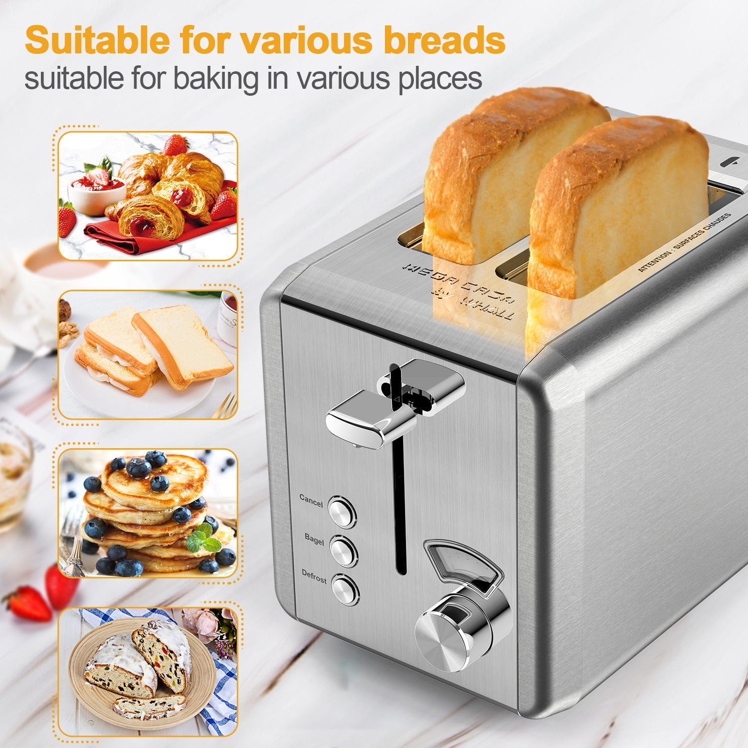 WHALL® Knob Toaster 2 Slice | Stainless Steel, Digital Timer, Sound | 6 Bread Types & Shades