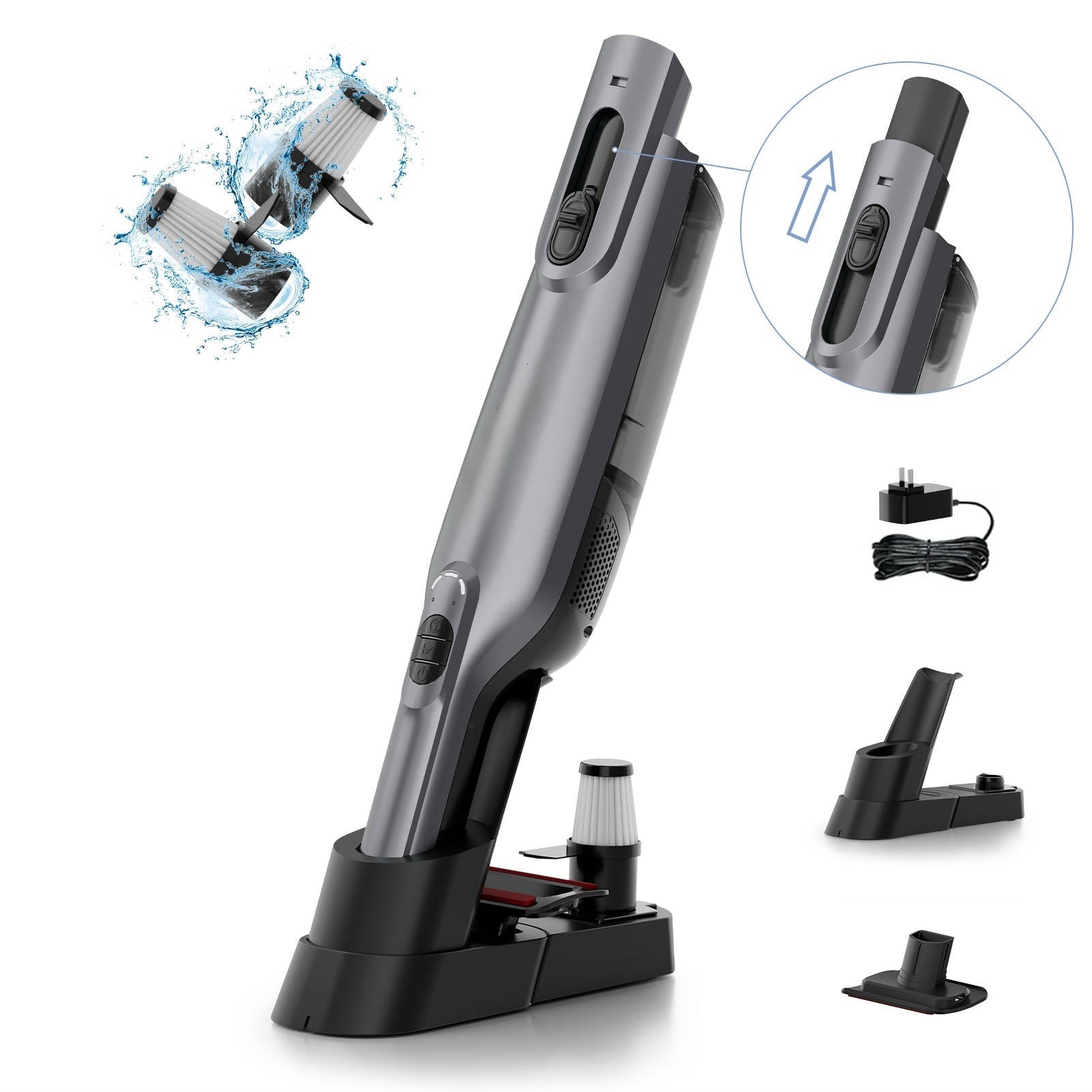 WHALL® Cordless Handheld Vacuum Cleaner, Lightweight, Rechargeable, LED Light, Powerful Suction, with Charging Dock for Home, Office, Car - Gray