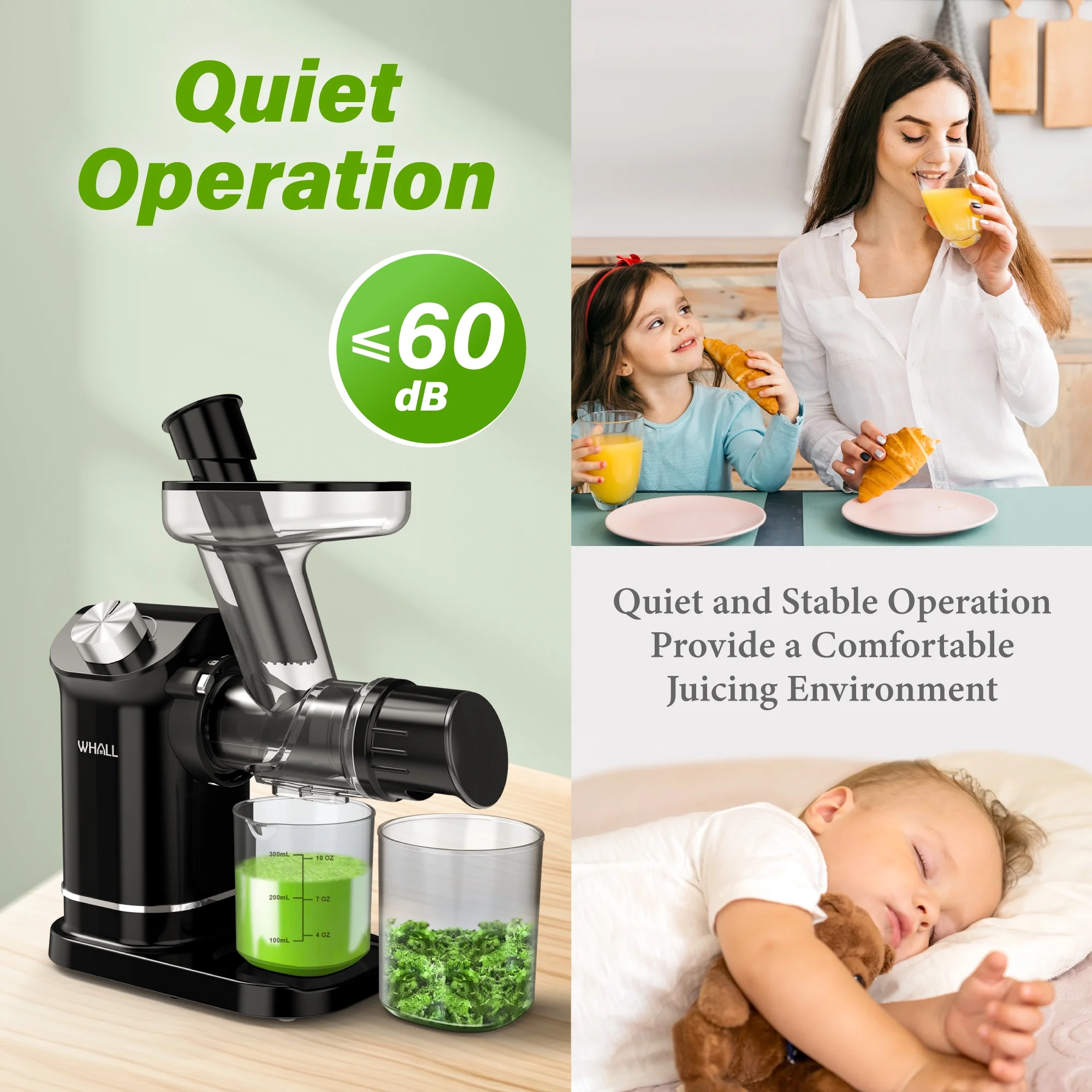 WHALL® Cold Press Juicer, Masticating Juicer Vegetable and Fruit, Juicers with Quiet Motor & Reverse Function, Easy to Clean with Brush